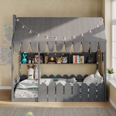 {Slats are not included} Twin Size Montessori Kids House Floor Bed with Fence Railings, Tent, Lights & 3 Built-In Storage Shelves, Gray