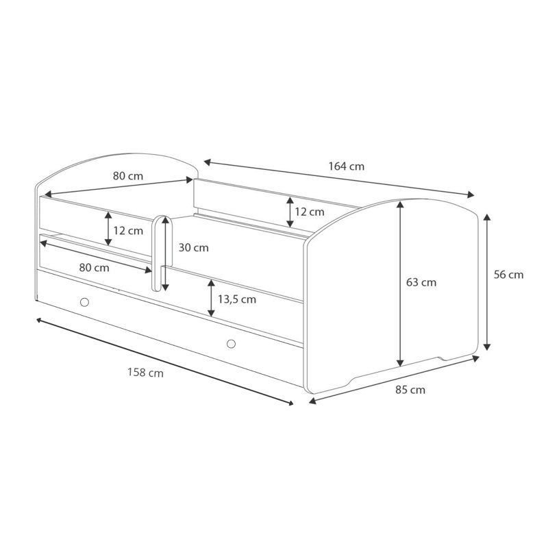 LUK children's bed with drawer and railing, European Toddler (80 x 160cm)