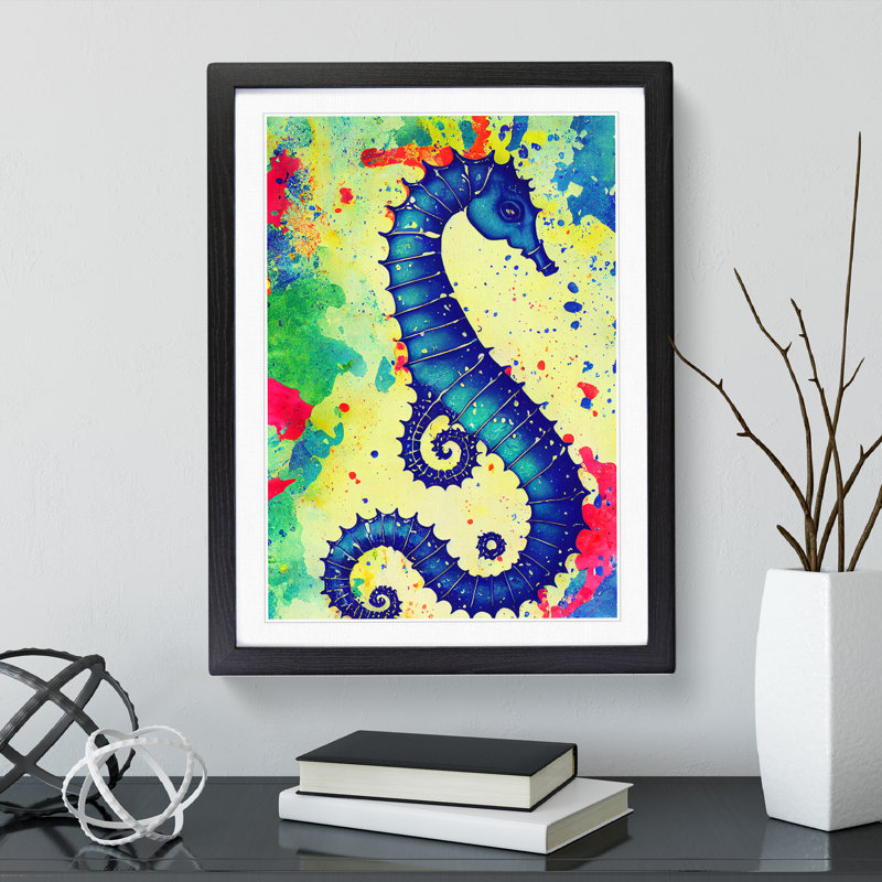 Seahorse Splash No.1 - Single Picture Frame Painting, 46cm H x 34cm W x 2cm D, Black Framed