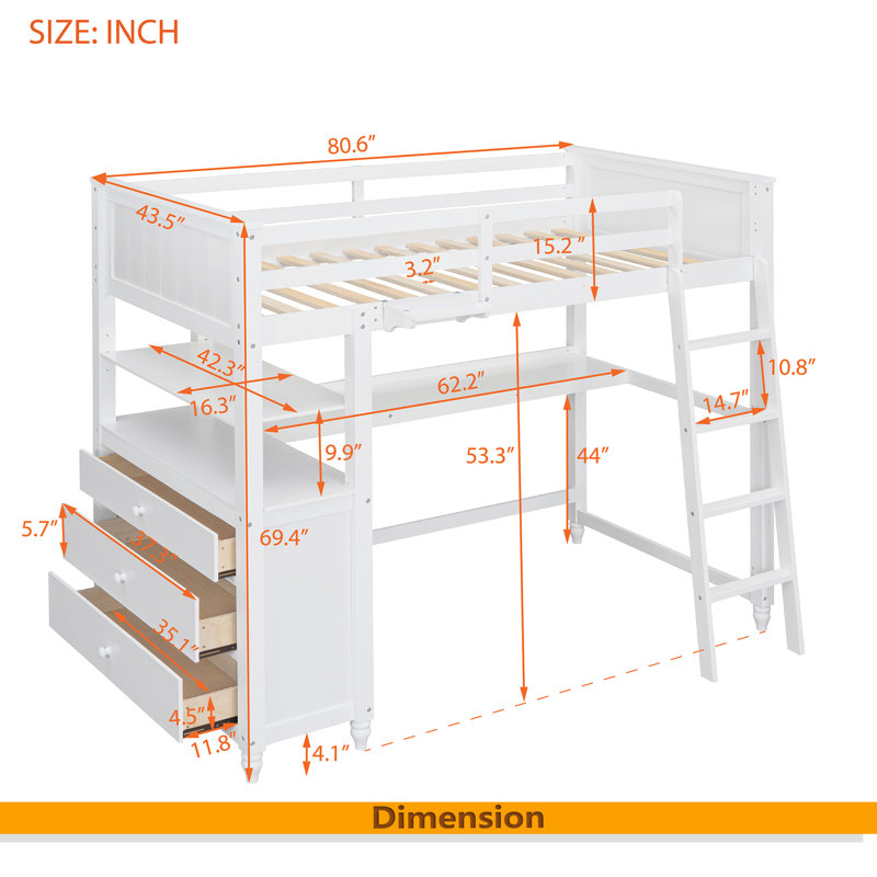 Lit mezzanine simple avec tiroirs et bureau, Blanc