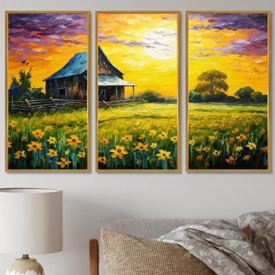 «Cottage in Yellow Flower Field Sunset» - ensemble d'art mural de ferme