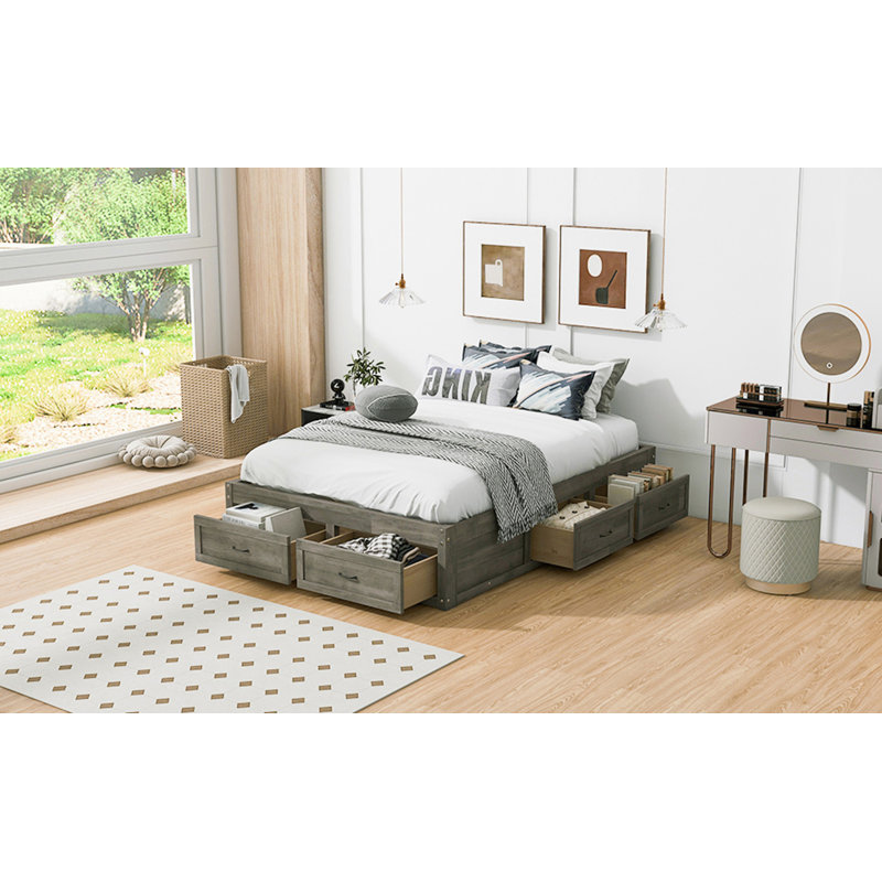 Lit plateforme avec 6 tiroirs de rangement, Gris, Double