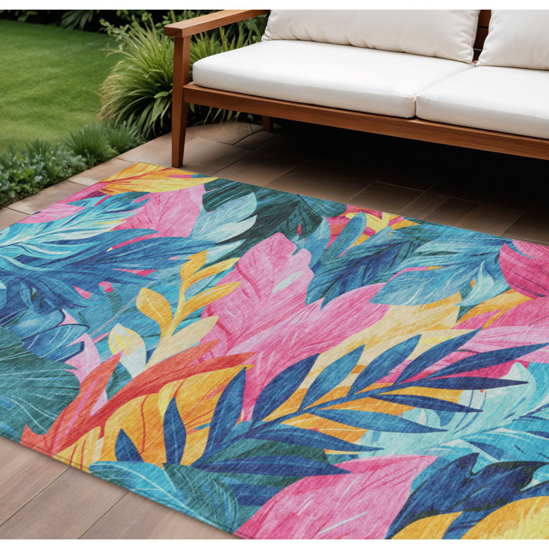 Tapis extérieur lavable floral bleu ciel et rose 10 pi x 14 pi