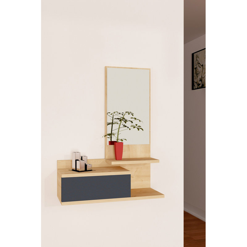 Modern Hall Stand with Mirror, Oak & Anthracite, 23.6 x 35.4 x 12.3 inches | 100% Melamine Coated Particle Board, 0.7 inches Thick | 1 Drawer & Multiple Shelves | Wall-Mountable | Stylish Entryway Solution