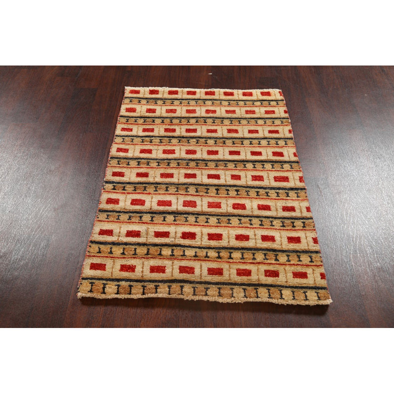 Tapis beige noué à la main de conception unique 2 pi 10 po x 4 pi 2 po