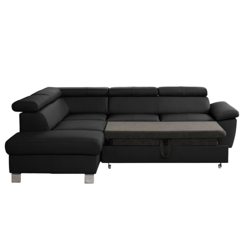 Alfreddie Leather Corner Sofa with Sleeping Function and Storage, Left Hand Facing, Black