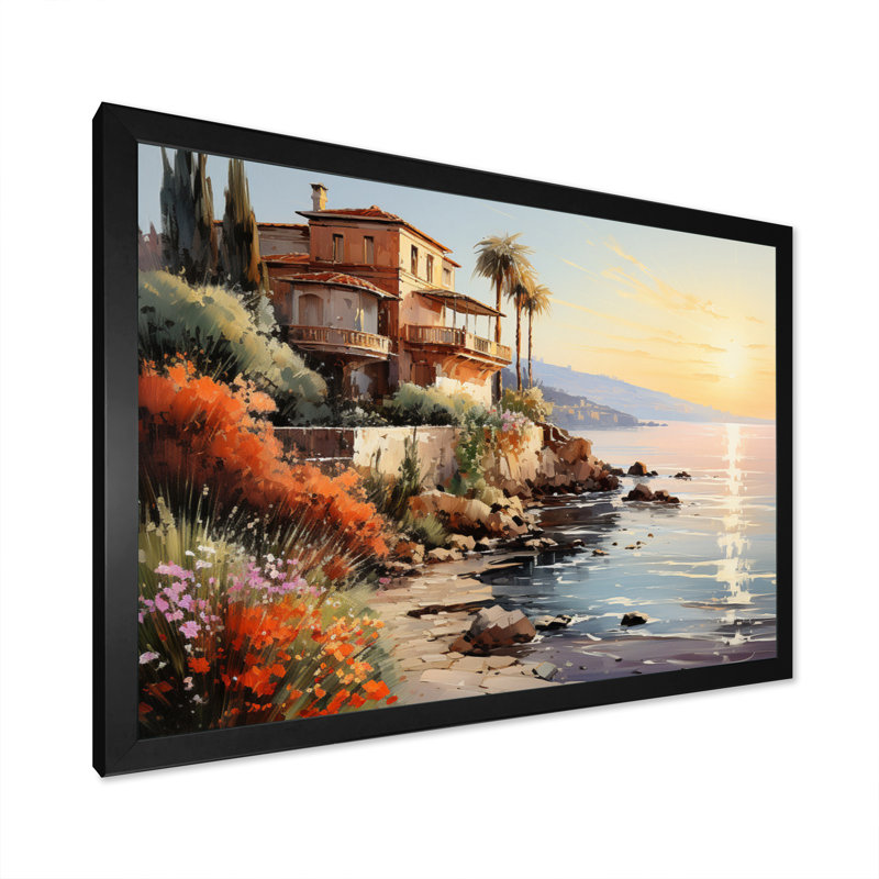 Espagne, coucher de soleil, Coastilne, reproduction sur toile, H 16 po x l 32 po x P 1 po, Cadre simple noir