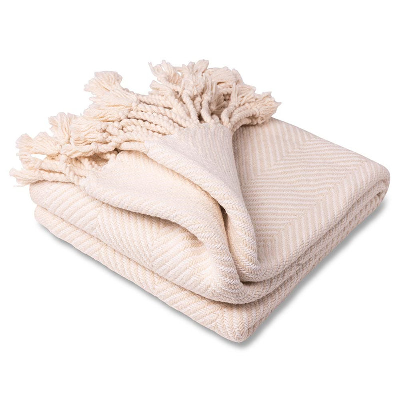 Monhegan Cotton Throw With Fringe, Natural White Chevron