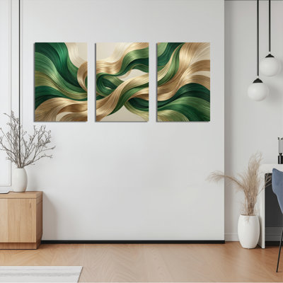 Ensemble de 3 tableaux abstraits sur toile, motif vagues vertes et dorées, pour la décoration du salon et de la chambre.