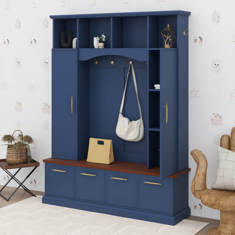 Farmhouse Hall Tree With Golden Hooks & Walnut Bench, Entryway Organizer With Adjustable Shelves, Shoe Storage