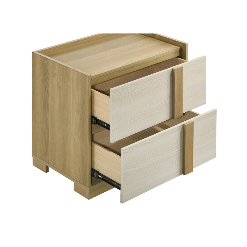 Grand lit 4 pièces avec éclairage encastré, cadre de lit en bois d'hévéa naturel, table de chevet, commode et miroir