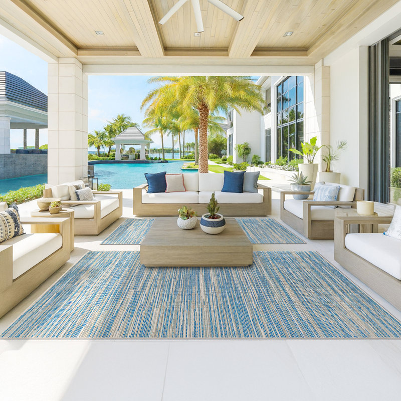 Radley Stripe Ocean Blue Champagne Indoor Outdoor Area Rug, Rectangle 5'10" x 9'2"