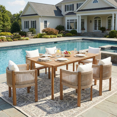 Keeton 7-Piece Modern Coastal Outdoor Dining Set With Acacia Wood Table And Rope-Wrapped Chairs With Cushions