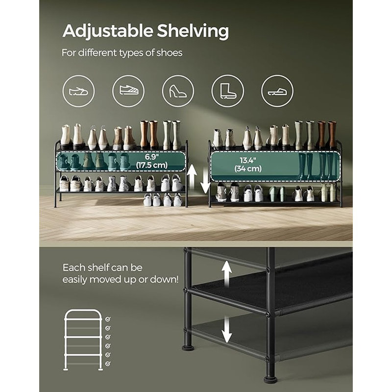 Range-chaussures Songmics, range-chaussures à 3 niveaux, étagère à chaussures en tissu avec 4 crochets, peut contenir jusqu'à 18 paires de chaussures, range-chaussures à hauteur ajustable pour vestibule, couloir, placard, assemblage facile, noir enc