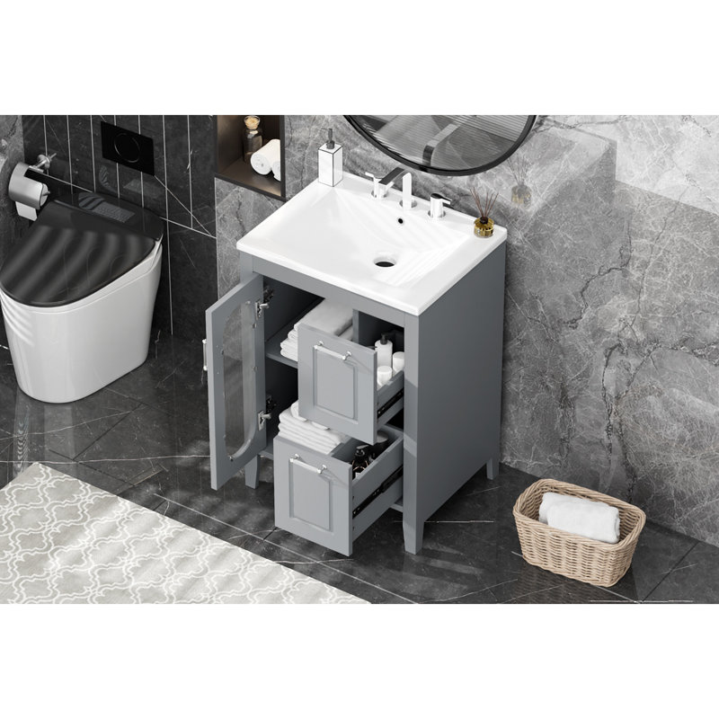 Meuble-lavabo 24 po avec lavabo, meuble-lavabo avec deux tiroirs et porte, tablette réglable, bois massif et panneau de fibres à densité moyenne