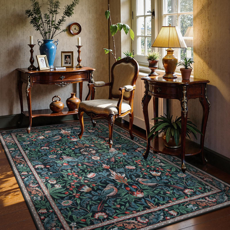 Tapis à poils courts lavable à la machine à imprimé d'oiseaux rétro avec envers antidérapant, Rectangle 5 pi x 7 pi