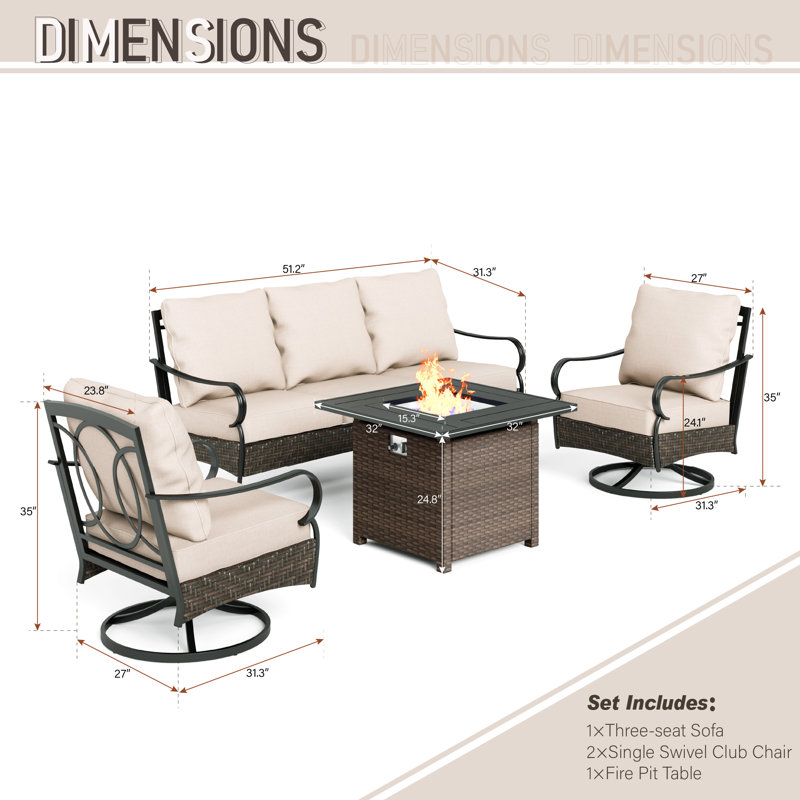 Salem 5-Person Swivel Outdoor Conversation Set with Fire Pit Table & Optional Ottomans, No