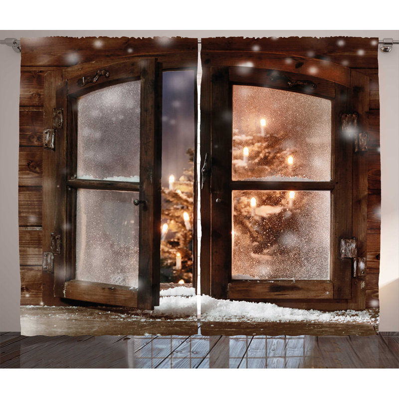 Winter Cabin Scene Light-Filtering Polyester Curtain Panels