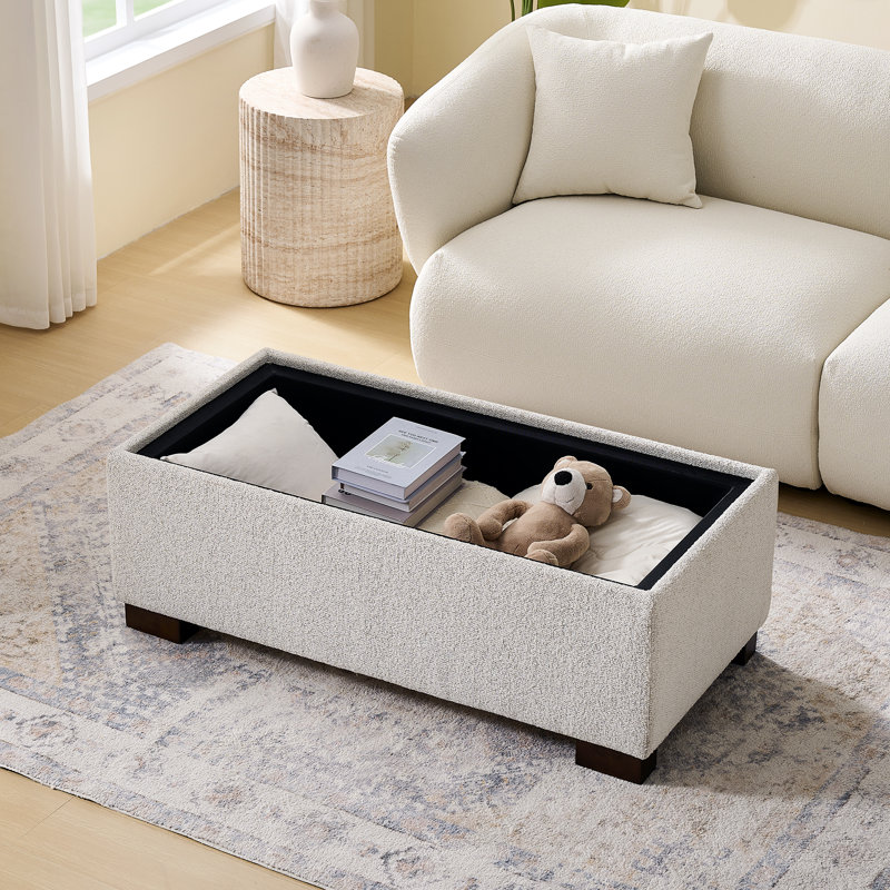 112cm Wide Rectangle Solid Colour Standard Ottoman with Storage, Beige