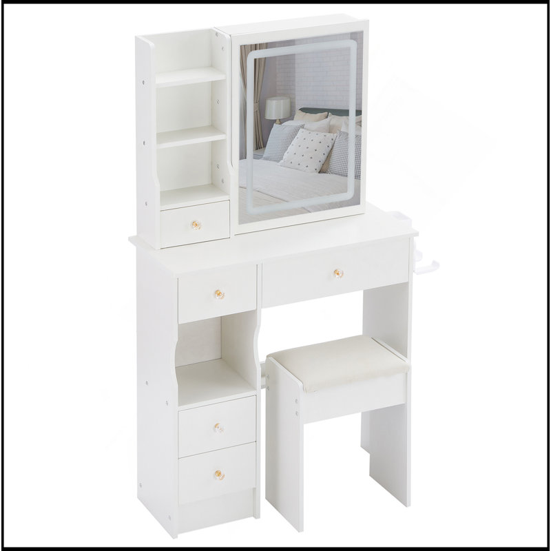 Petit meuble-lavabo de 29,2 po avec tiroir à gauche + tabouret rembourré, 2 blocs d'alimentation CA + 2 ports USB, support pour sèche-cheveux, très grand miroir coulissant à commande tactile à DEL, réglage de la luminosité tricolore, réglage de la luminosité
