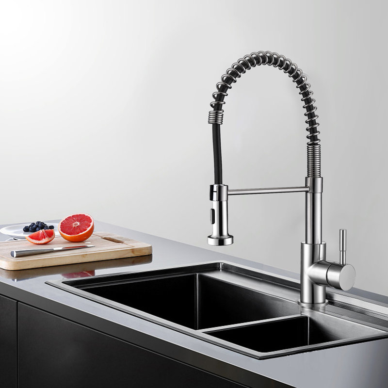 Brushed Nickel Single Handle Pull Down Kitchen Faucet with Spring Neck