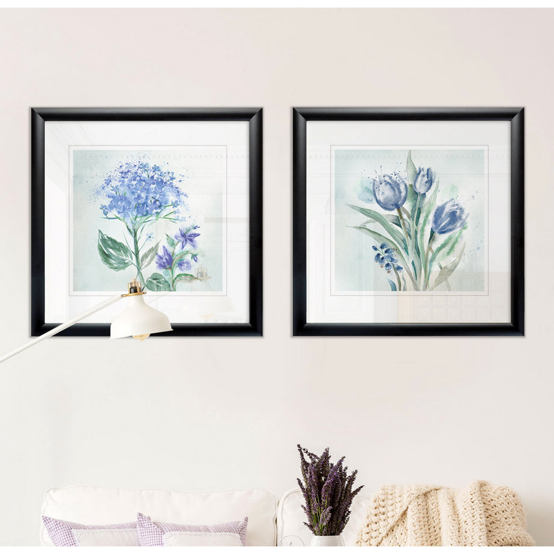 «Blue Flower Wash I» - reproduction de cadre photo, Cadre noir