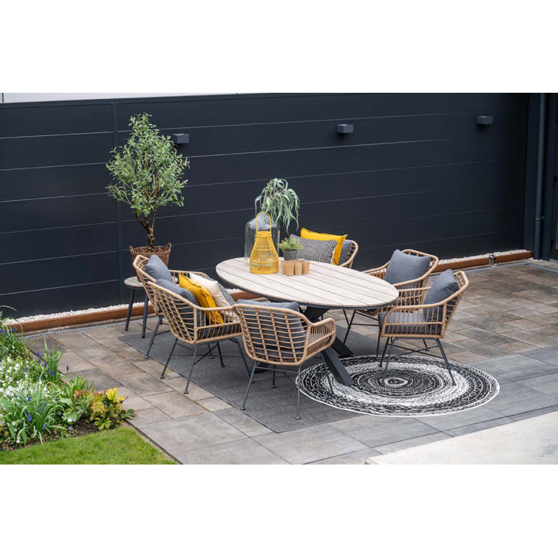 Camelopardalis Oval 7 Piece 6 Person 220cm L Outdoor Table Set with Nivelles Dining Chairs, Beige, Natural, Dark Grey