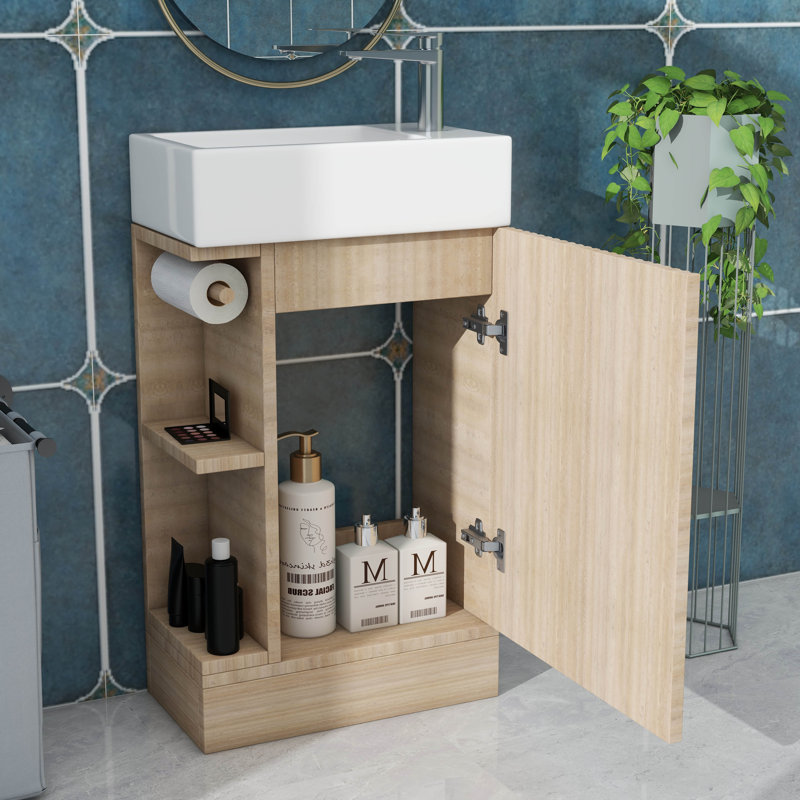Meuble-lavabo de 18,6 po avec lavabo - armoire avec tablette double couche, porte-papier hygiénique, porte à fermeture en douceur silencieuse et option de montage gauche / droite
