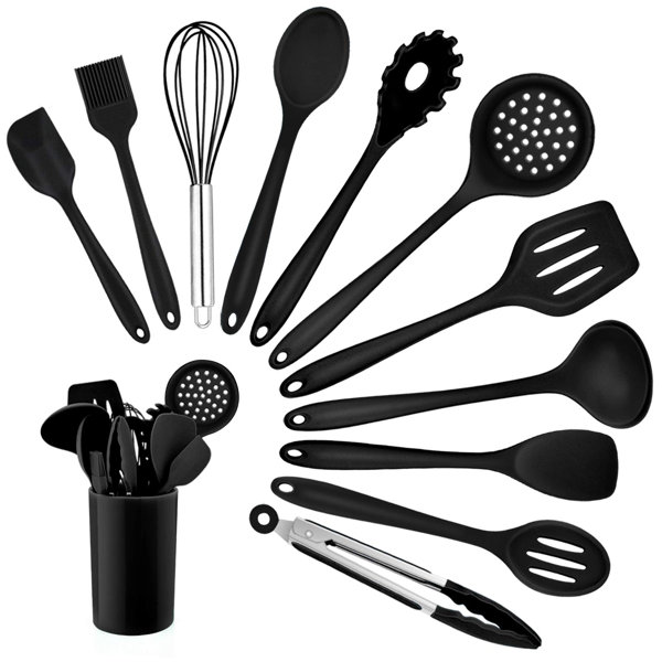21pcs Kitchen Utensil Set Black Silicone Cooking Utensils Spatula Nonstick  Cookware Kit with Measuring Wooden Spoons Gadgets Tools