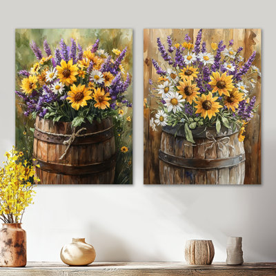 Fleurs sauvages et lavande en baril de ferme I - ensemble de 2 reproductions d'art murales en métal floral jaune