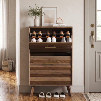 Armoire à chaussures 23,6 pouces à rabat mince pour vestibules - Finition noyer moderne Mid-Century avec deux compartiments de rangement