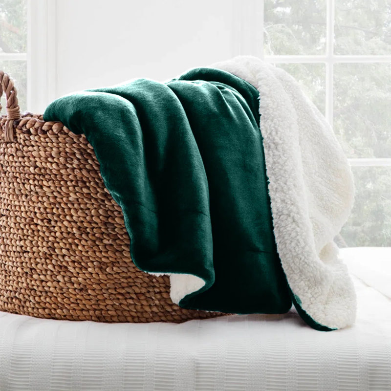 Reversible Soft Sherpa Fleece Fur Thick Dual Sided Blanket Throw, 230cm x 270cm, Emerald