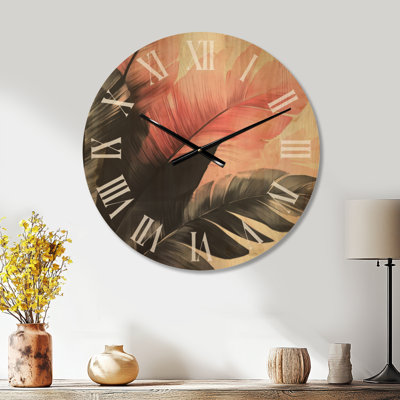Horloge murale glamour à motif de frondes tropicales roses, imprimée sur bois