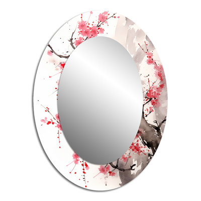 Asian Art Sumi Bird Serenity VIII - Miroir mural rouge Mid-Century