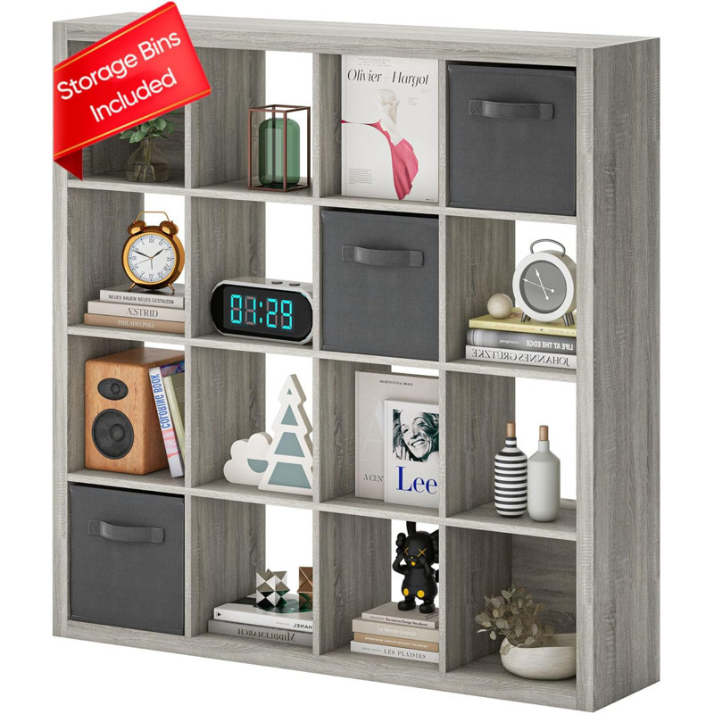 Bookshelf with Storage Bins, 16-Cube Storage Organizer Wooden Bookcase Open Book Shelf, Grey Oak