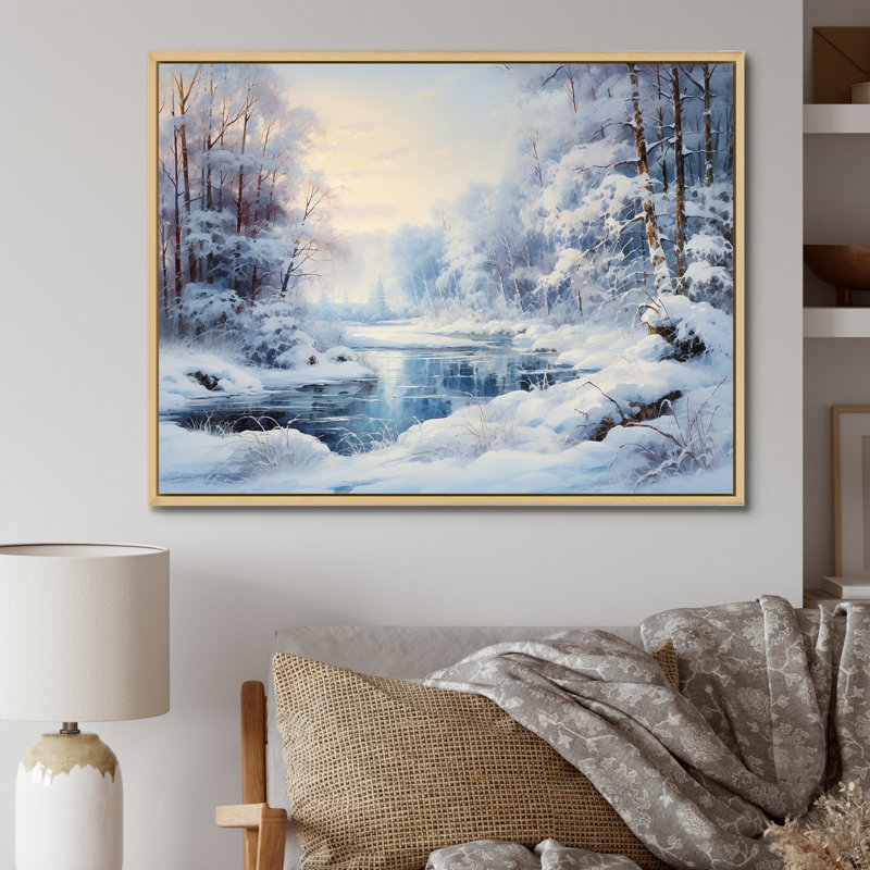 «Winter River fenêtre vue II - Paysage d'hiver grand art mural», H 34 po x l 44 po x P 1,5 po, Cadre flottant brun