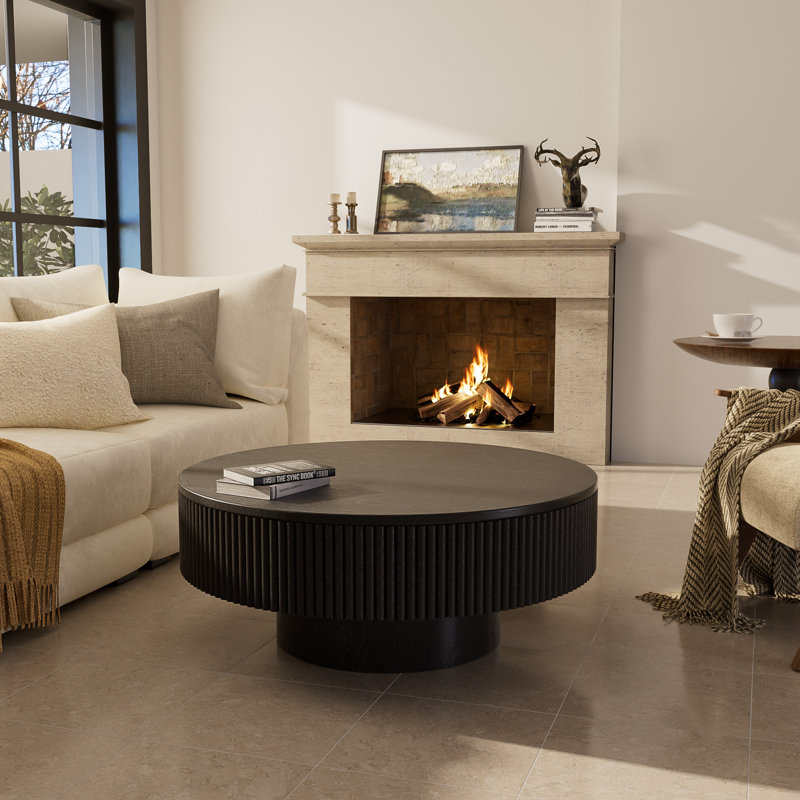 Table basse ronde 35 po fabriquée à la main en bois massif, Noir, noir, noir, noir, H 13,78 po x L 35,04 po x l 35,04 po