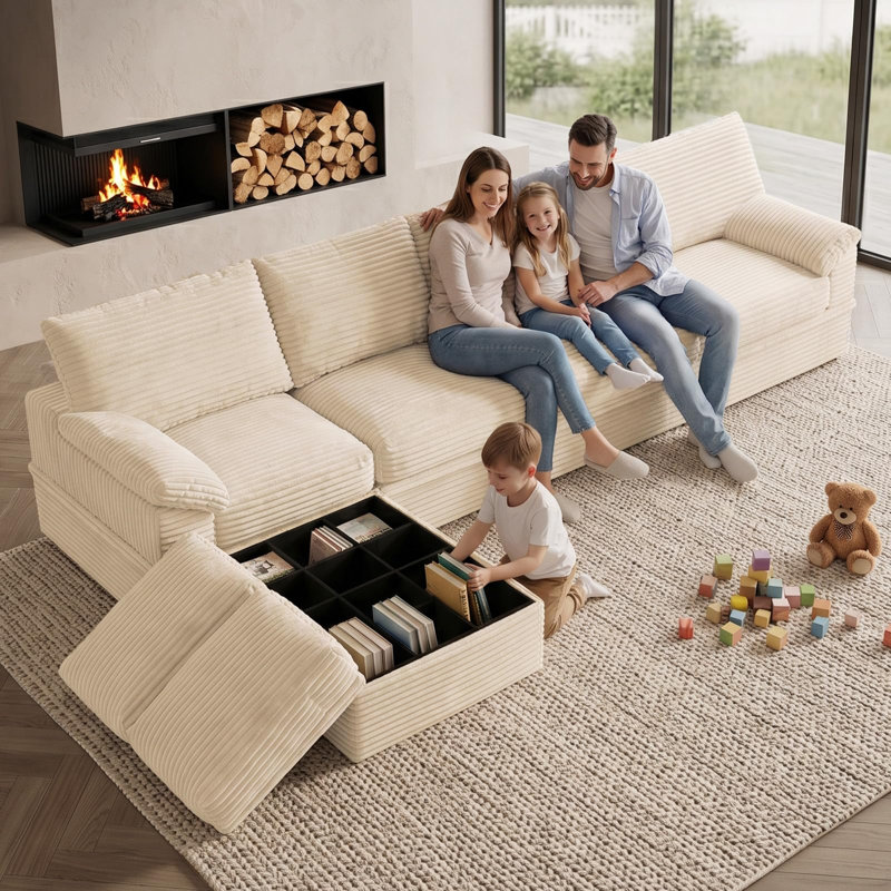 Canapé modulaire en U 142 po avec méridienne et rangement en velours côtelé de 142 po, Beige