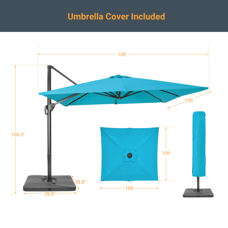 Parasol de patio en porte-à-faux décalé carré de 10 pi avec base lestée Rizvana, Bleu lac