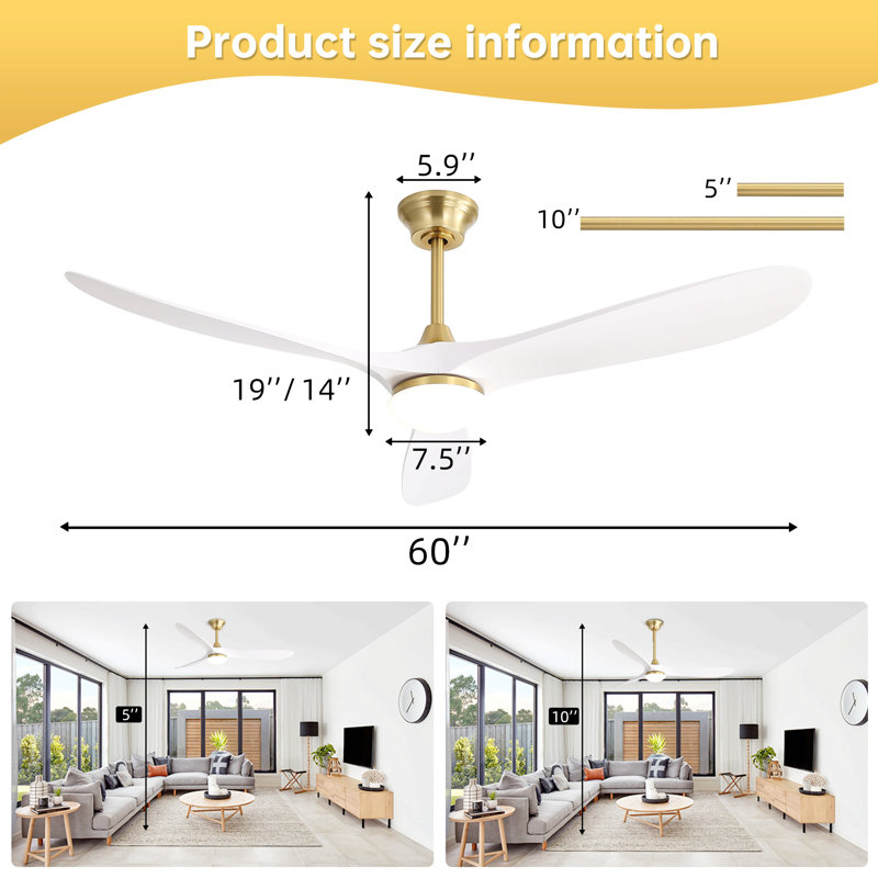 60 Inch Smart Ceiling Fan With Light Dimmable LED With Memory, Quiet Reversible DC Motor,Timing (1H/4H/8H), Golden, White