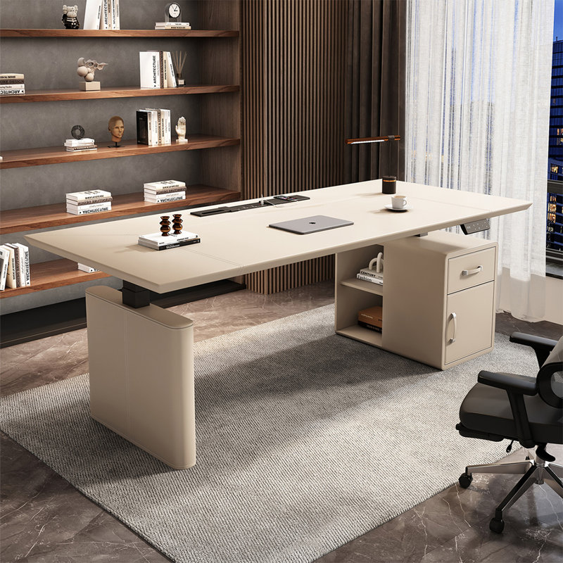 Bureau rectangulaire en bois manufacturé beige avec 1 tiroir Barenia, 49.21" H x 62.99" W x 27.56" D, Retour à droite