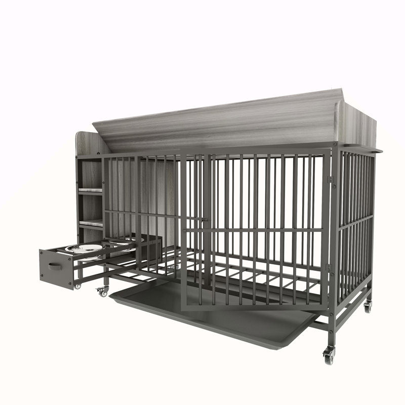 Grande cage pour animaux de compagnie avec support de rangement, tiroirs avec bac à nourriture et à eau en acier inoxydable, cadre en fer et panneau de fibres à densité moyenne, robuste, exquis et pratique