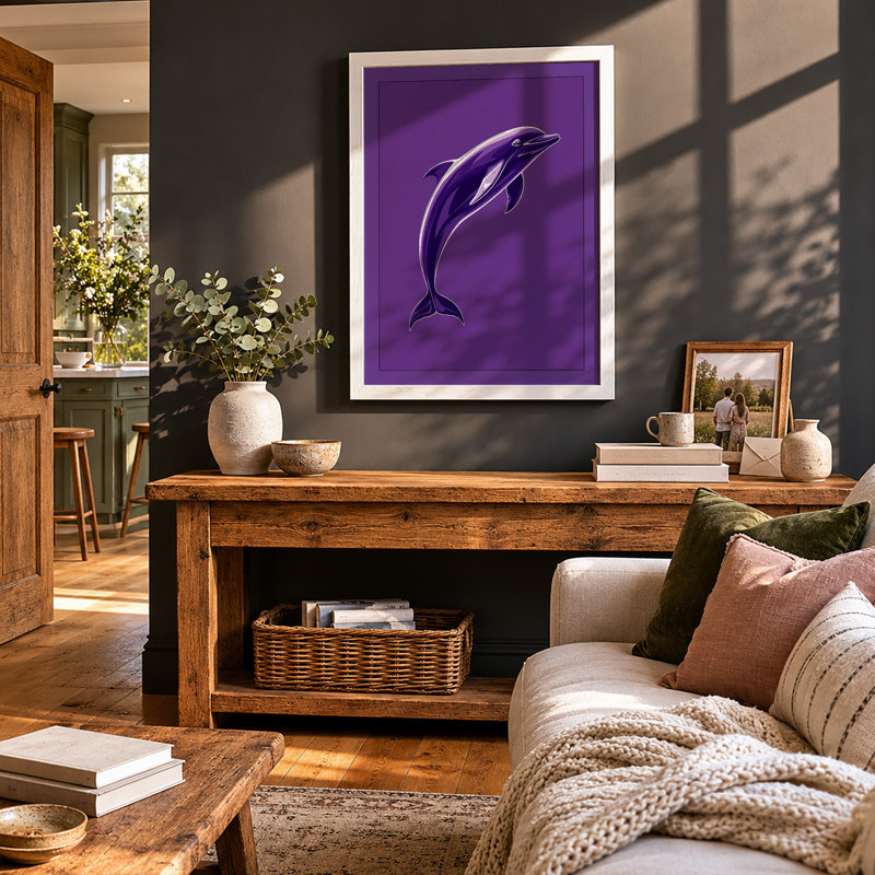 Leaping Dolphin Minimalist - Framed Print, A3 - 42.0 x 29.7 cm, White