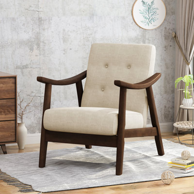 Chaise de style Mid-Century moderne avec revêtement beige et structure d'appoint brun