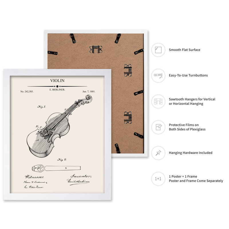 Plan du violon n ° 1, Poster, White Framed, 08"H x 10"W