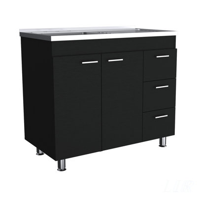 Ferretti Utility Sink with Three Drawers and Double Door Cabinet, Perfect for Organized and Efficient Kitchen Storage.