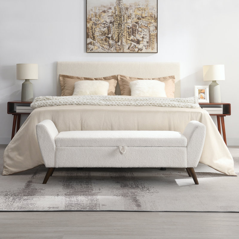 Banc de rangement moderne de 60 po avec pieds en bois Mid-Centruy, Cream, Cream