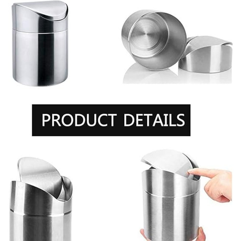Small Mini Trash Can With Lid, Brushed Stainless Steel Small Tiny Mini Trash Bin Can