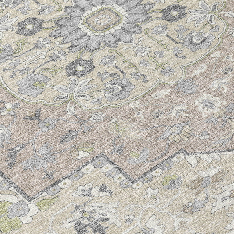 Ivory and Beige Rectangular Synthetic Washable Area Rug
