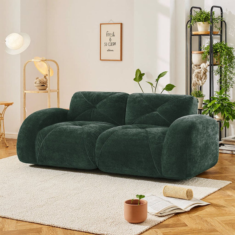 Canapé 2 places en velours capitonné - canapé rembourré vert doux avec base antidérapante, aucun assemblage requis, parfait pour le salon